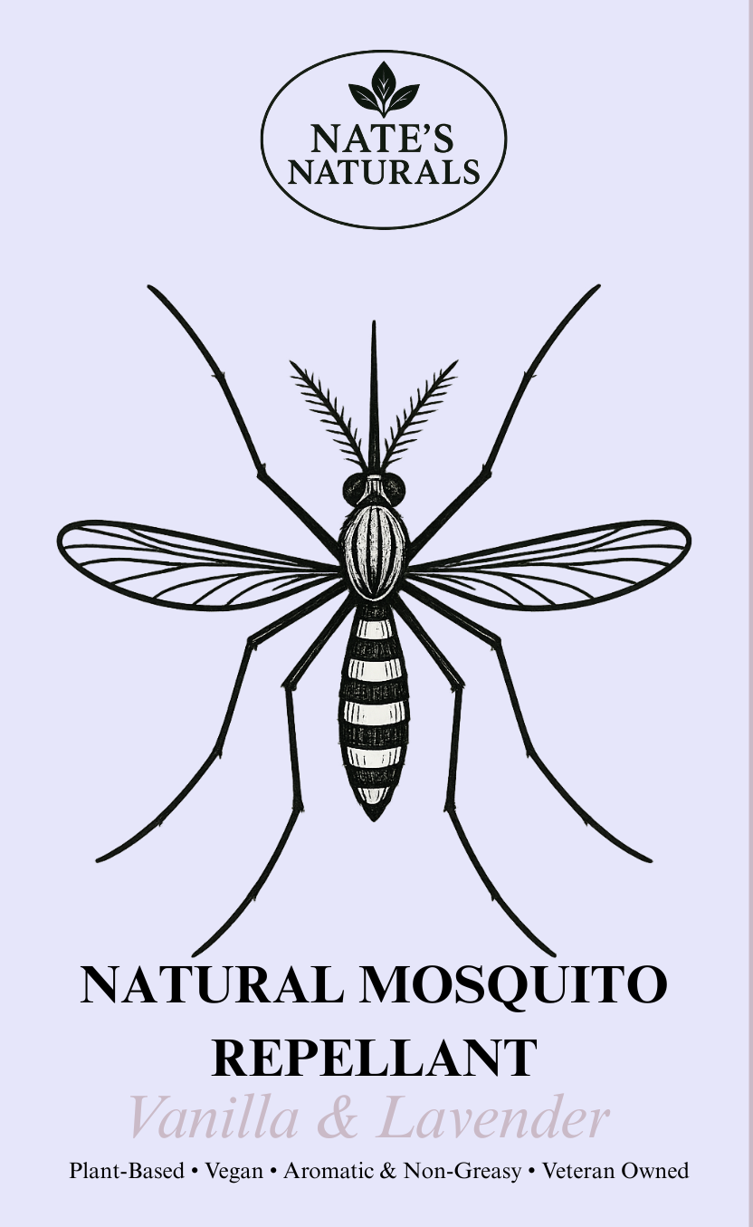 Nate's Naturals natural mosquito repellent packaging with a mosquito illustration on a light purple background.