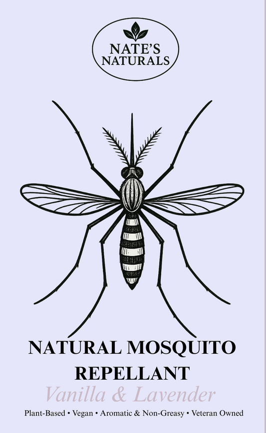 Nate's Naturals natural mosquito repellent packaging with a mosquito illustration on a light purple background.