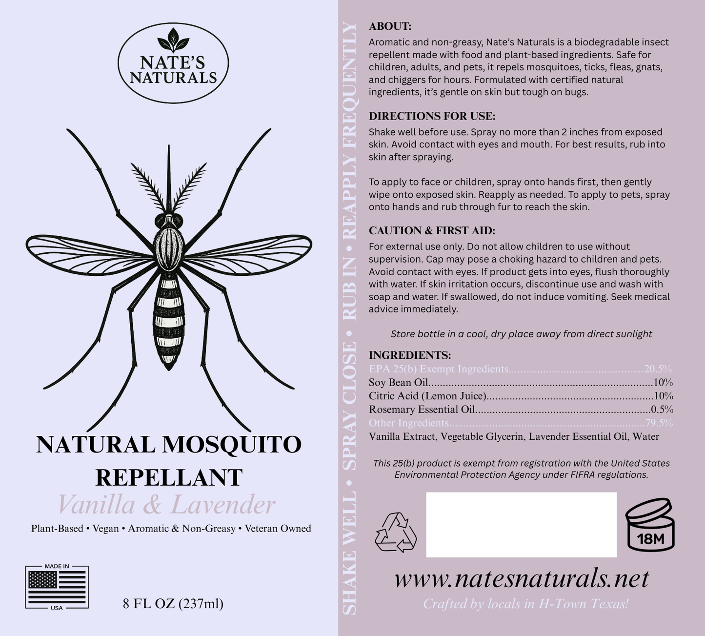 Label of Nate's Naturals Natural Mosquito Repellent with mosquito illustration and product details.