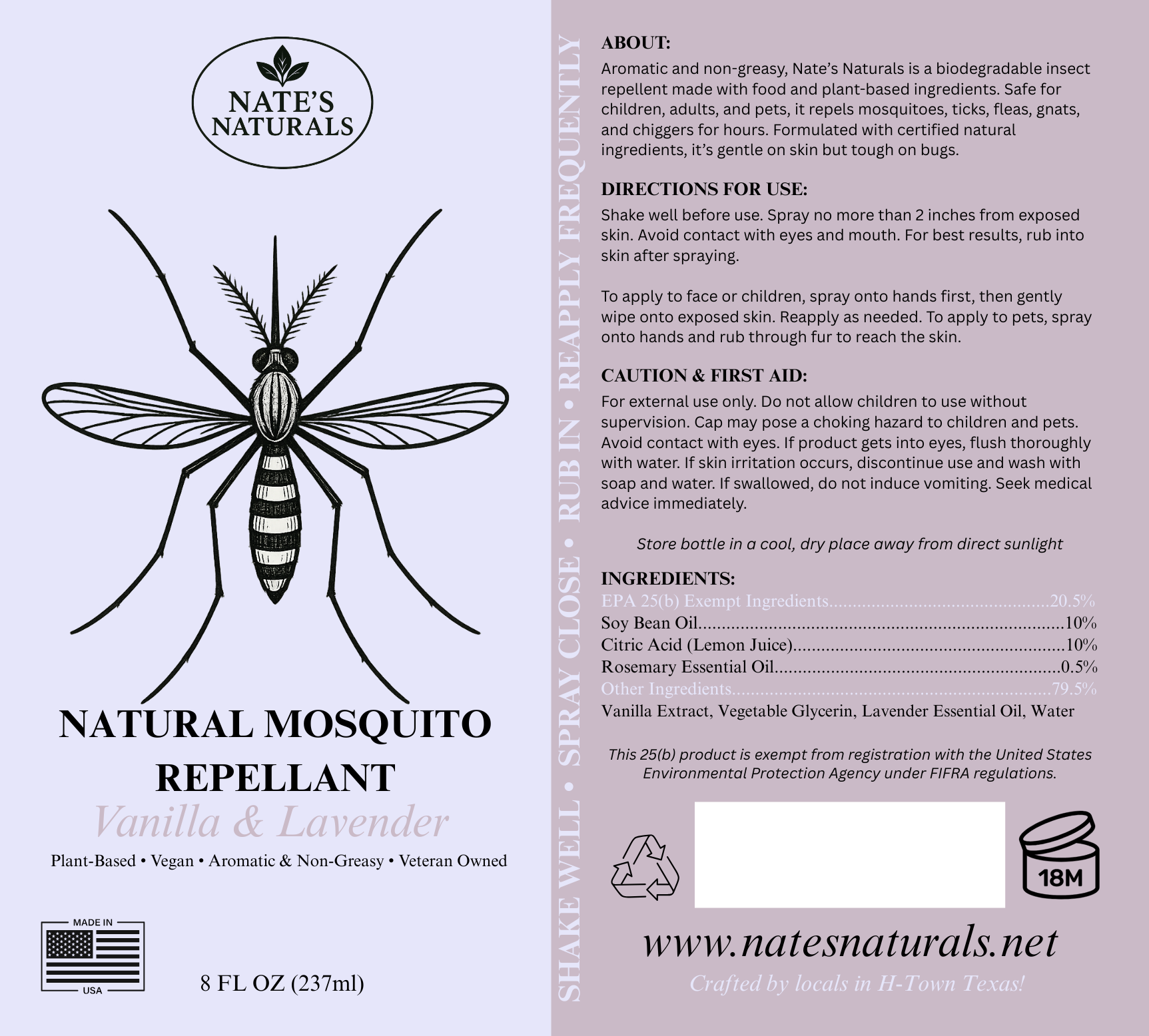 Label of Nate's Naturals Natural Mosquito Repellent with mosquito illustration and product details.